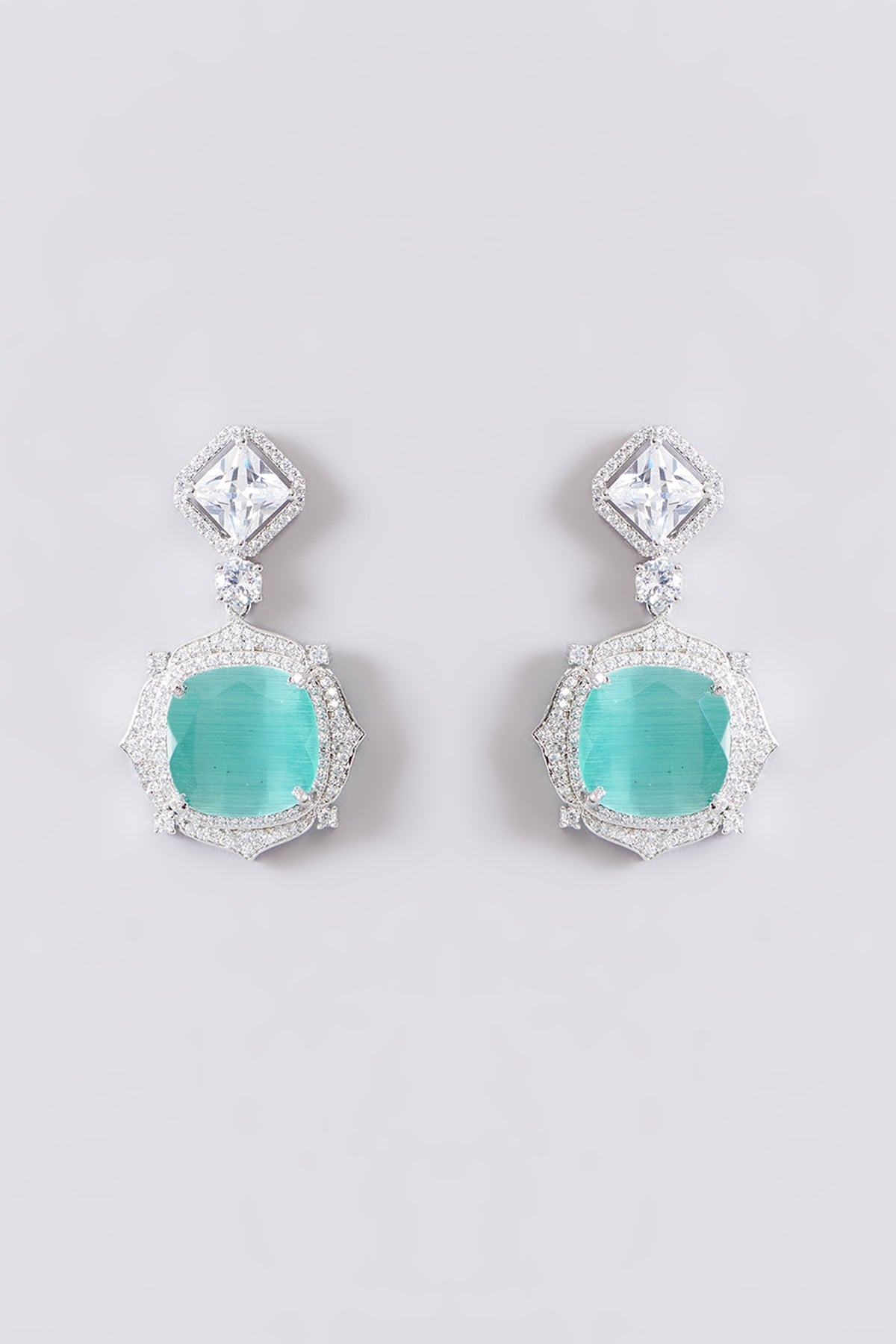 White Finish Zircon & Aqua Stone Dangler Earrings