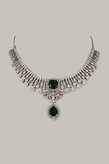 White Finish Zircon & Green Stone Necklace