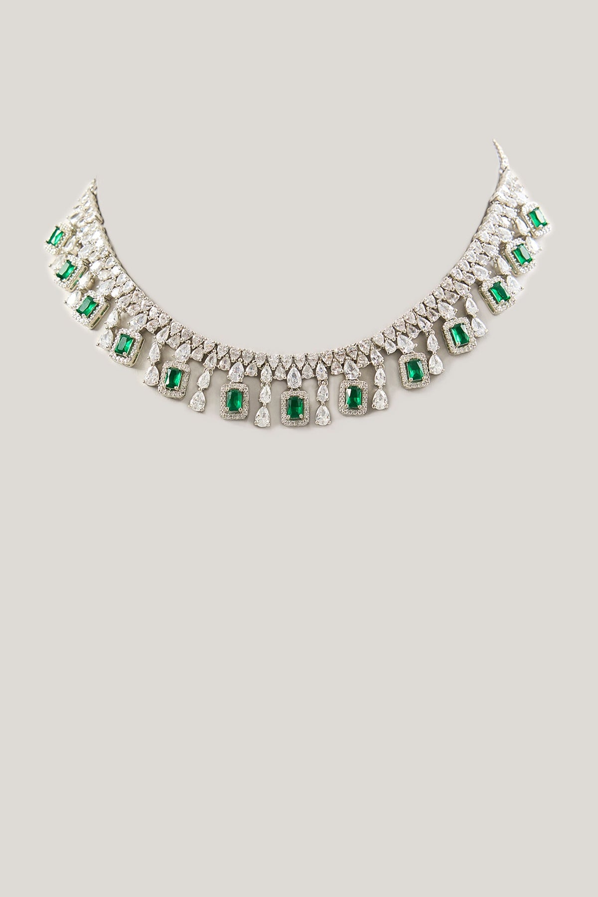White Finish Zircon & Green Stone Necklace