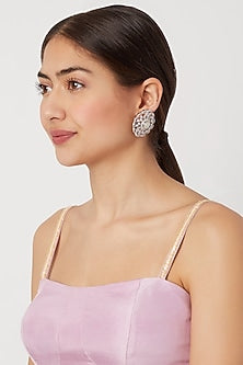 White Finish Stone Stud Earrings