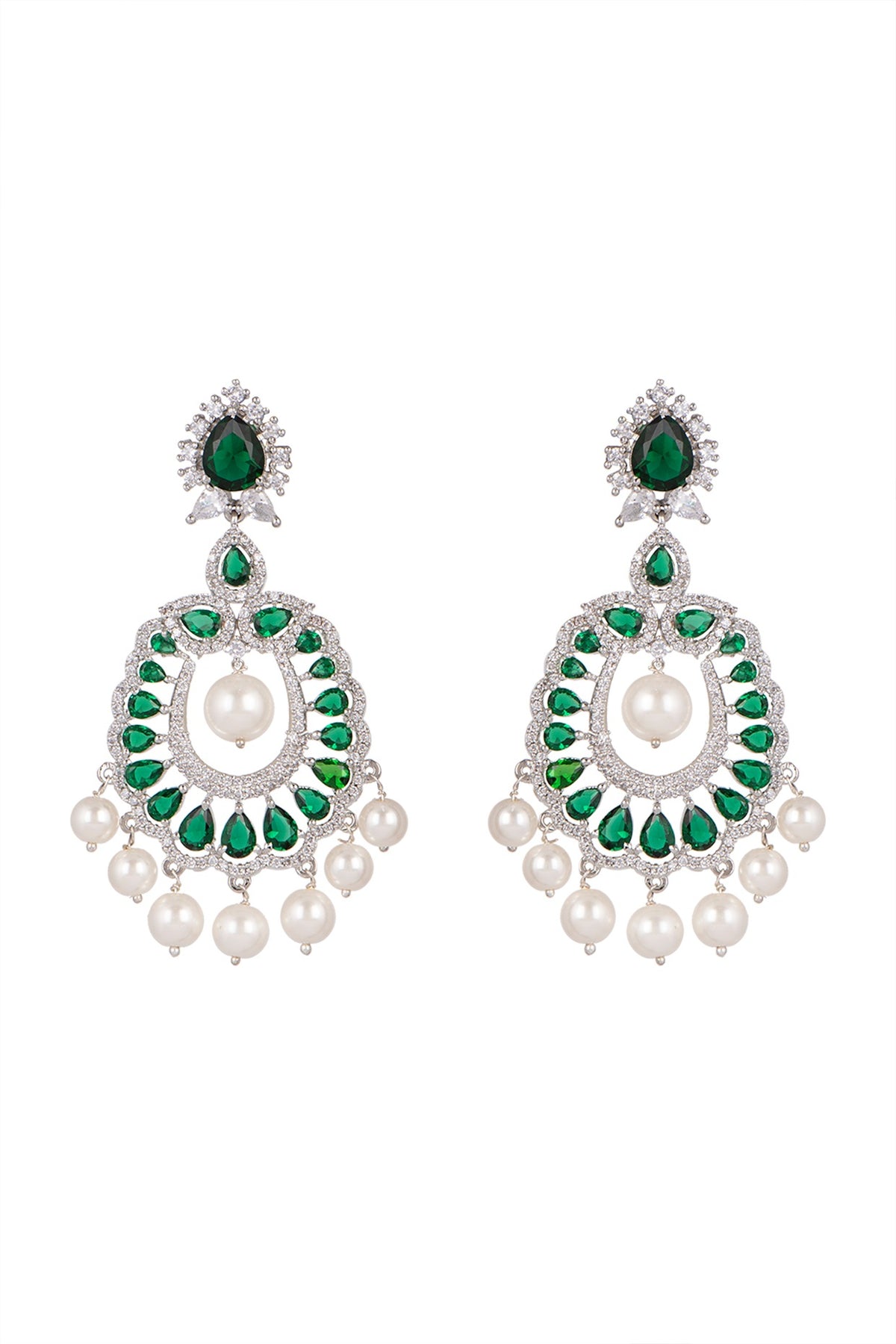 White Finish Green Stone Earrings