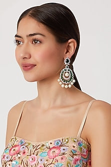 White Finish Green Stone Earrings