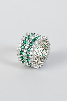 White Finish Zircon & Green Stone Band Ring