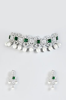 White Finish Faux Diamond & Pearl Choker Necklace Set