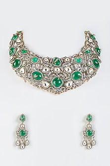 Two Tone Finish Green Stone Choker Necklace Set