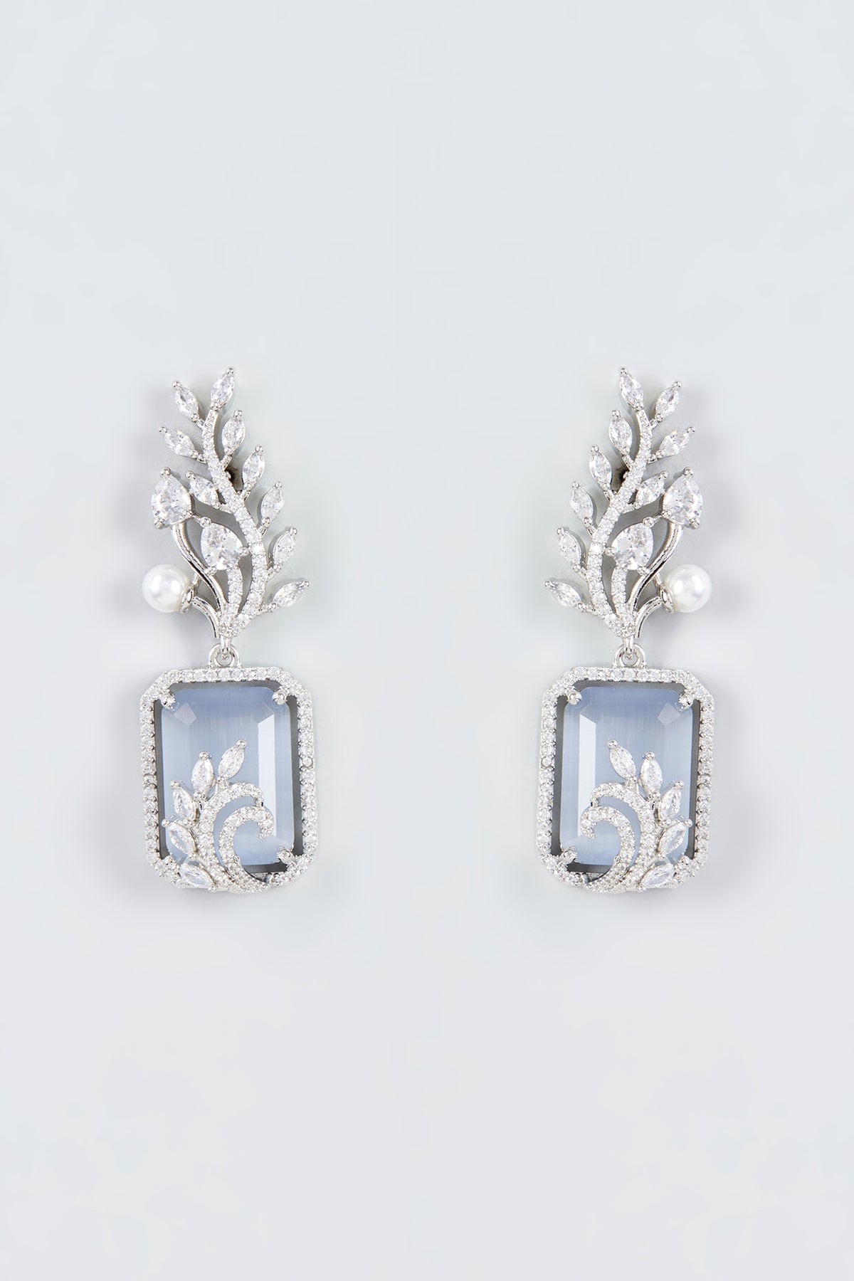 White Finish Zircon & Grey Stone Dangler Earrings