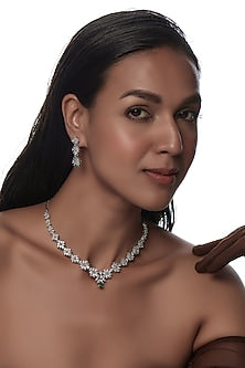 White Finish Zircon & Green Stone Necklace Set