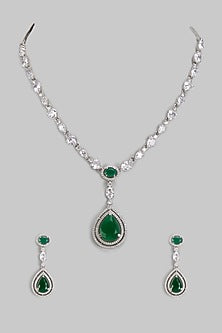 White Finish Zircon & Green Stone Long Necklace Set
