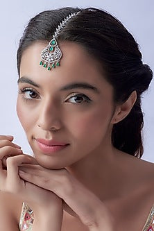 White Finish Zircon & Green Stone Maangtikka