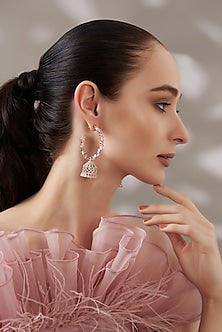 White Finish Pink Stone Hoop Earrings