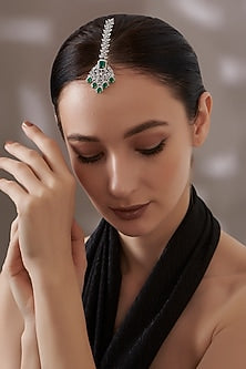 White Finish Faux Diamond & Green Stone Maangtikka