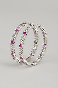 White Finish Zircon & Red Stone Bangles (Set Of 2)