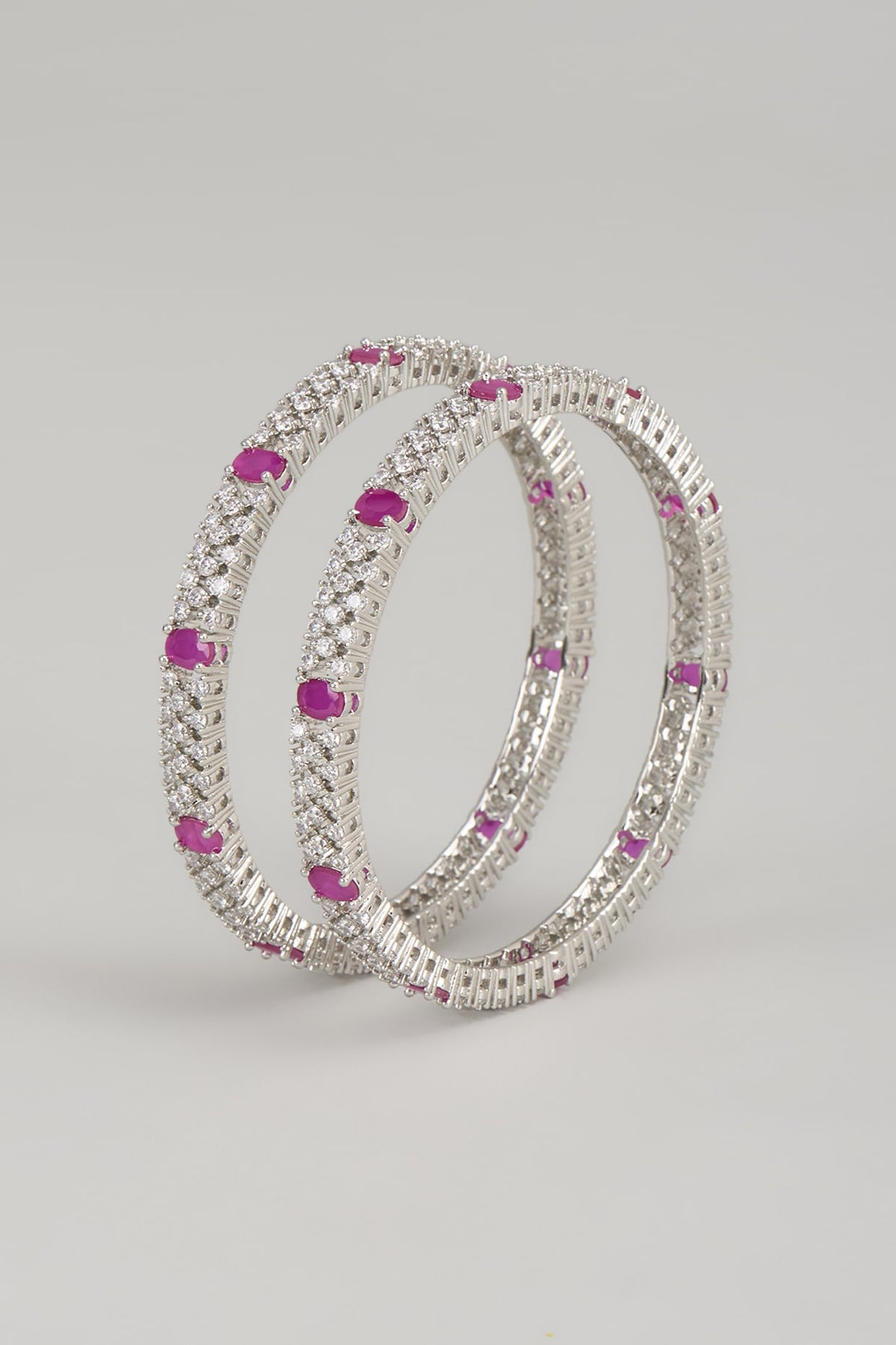 White Finish Zircon & Red Stone Bangles (Set Of 2)