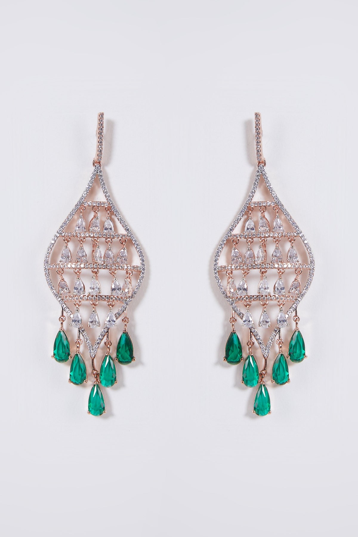 Rose Gold Finish Green Stone & Diamond Earrings