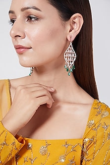 Rose Gold Finish Green Stone & Diamond Earrings