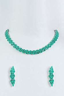 White Finish Faux Diamonds & Green Stone Necklace Set