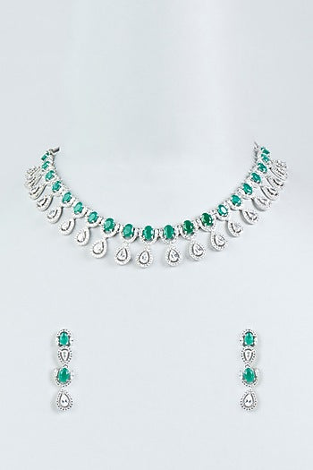 White Finish Faux Diamonds & Green Stone Necklace Set