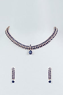 Rose Gold Finish Faux Diamonds & Blue Stone Necklace Set