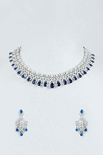White Finish Faux Diamonds & Blue Stone Necklace Set
