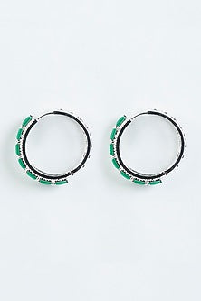 White Finish Green Diamond Hoop Earrings
