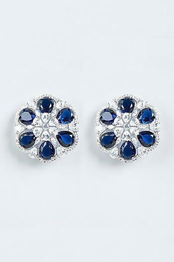 White Finish Zircons Stud Earrings With Blue Synthetic Diamonds