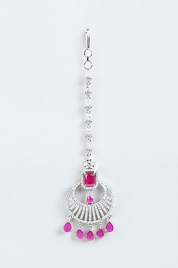 White Finish Zircon & Pink Synthetic Stone Maangtikka