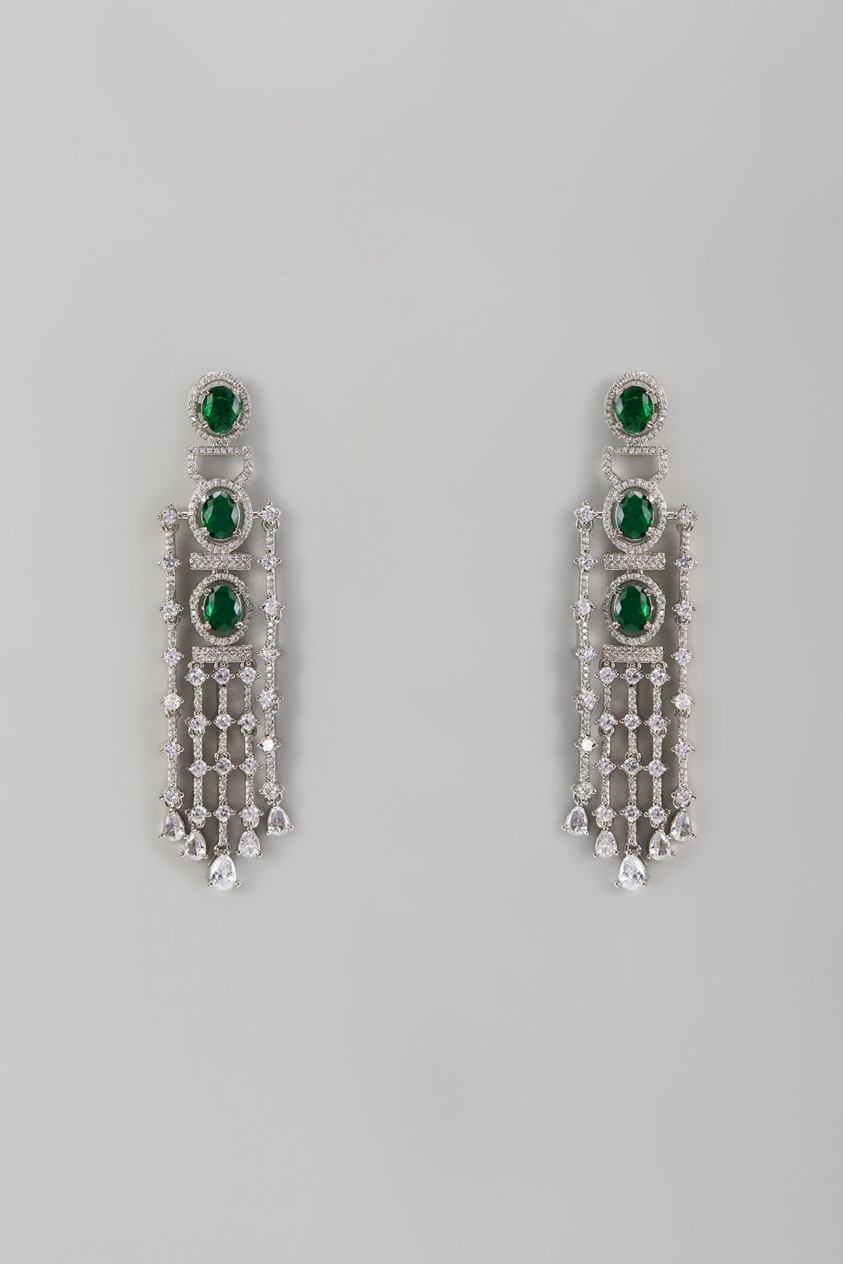 White Finish Zircon & Emerald Stone Dangler Earrings