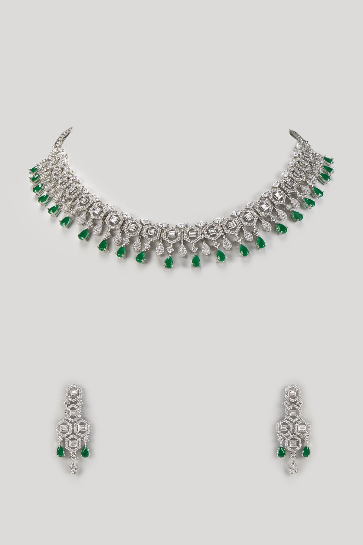 White Finish Zircon & Emerald Stone Necklace Set