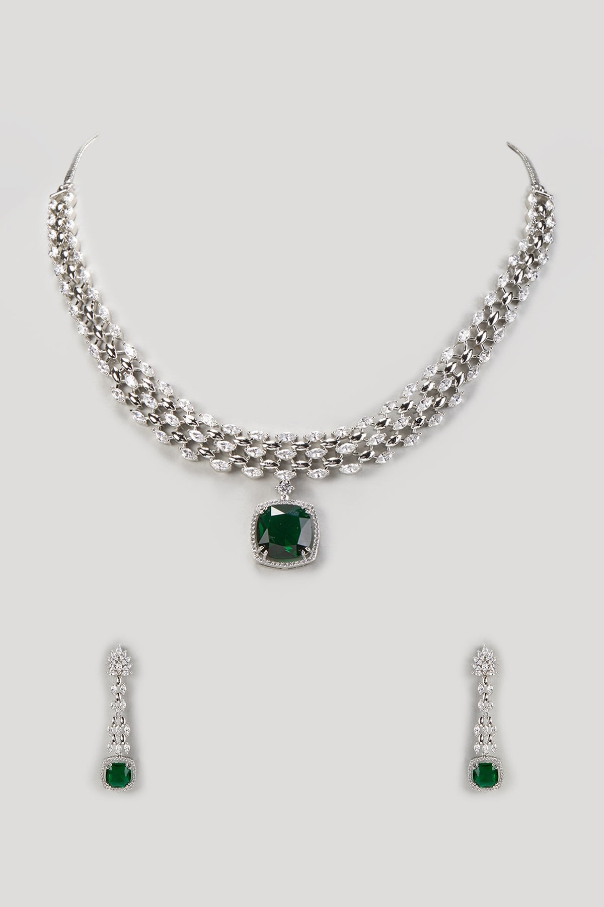White Finish Zircon & Emerald Stone Necklace Set
