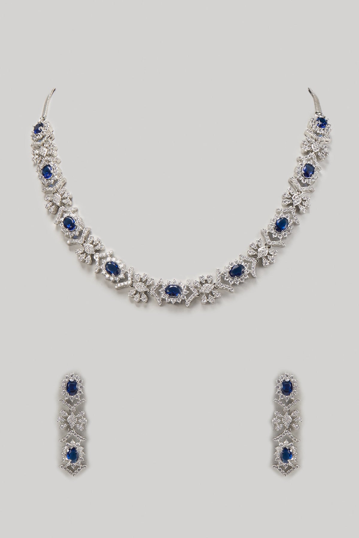 White Finish Zircon & Blue Stone Necklace Set