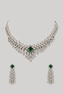 White Finish Zircon & Emerald Stone Necklace Set