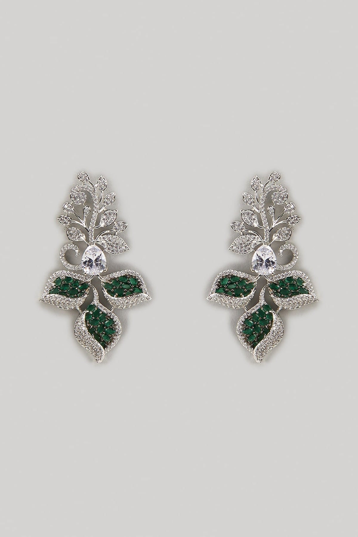 White Finish Zircon & Emerald Stone Dangler Earrings