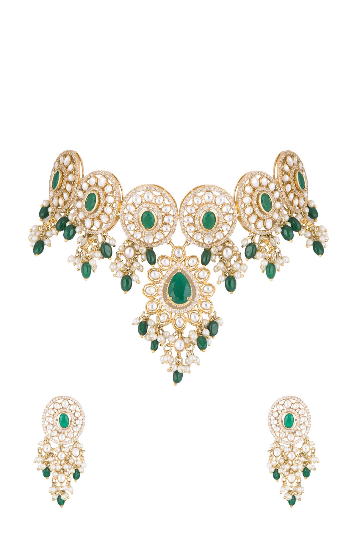 Gold Finish Faux Pearl, Diamond, Green Stone & Kundan Necklace
