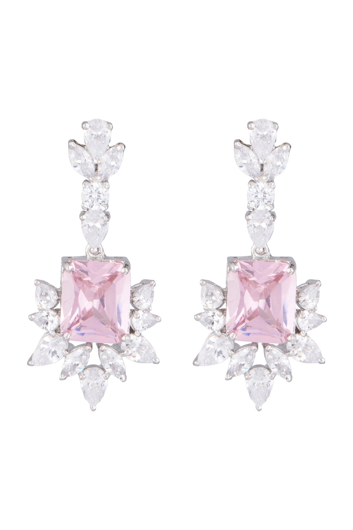 White Finish Faux Diamond & Pink Stone Earrings