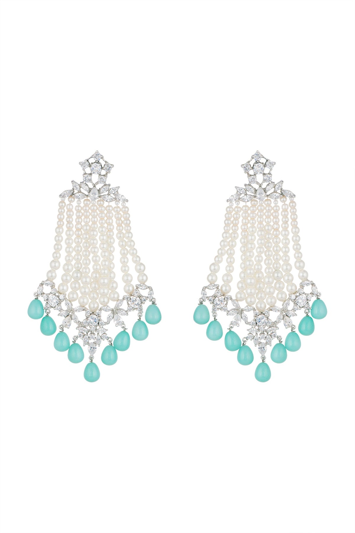 White Finish Faux Pearl Strands, Turquoise Drops & Kundan Long Dangler Earrings
