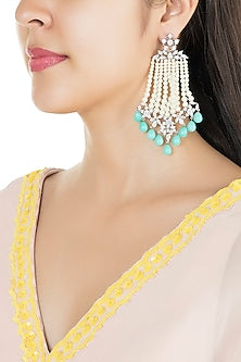 White Finish Faux Pearl Strands, Turquoise Drops & Kundan Long Dangler Earrings