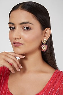 Gold Finish Zircon & Red Synthetic Stone Dangler Earring