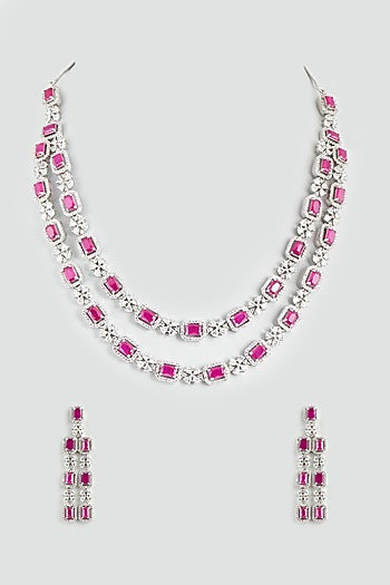 White Finish Faux Diamond & Ruby Synthetic Stone Necklace Set