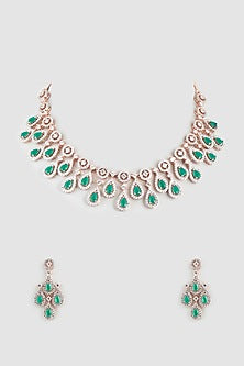 Rose Gold Finish Faux Diamonds & Emerald Synthetic Stone Necklace Set