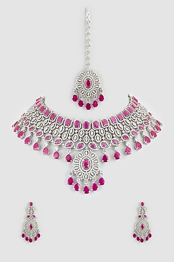 White Finish Faux Diamonds & Ruby Synthetic Stone Necklace Set