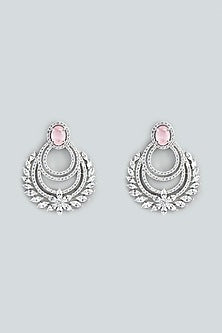 White Finish Pink Stone & Zircon Dangler Earrings