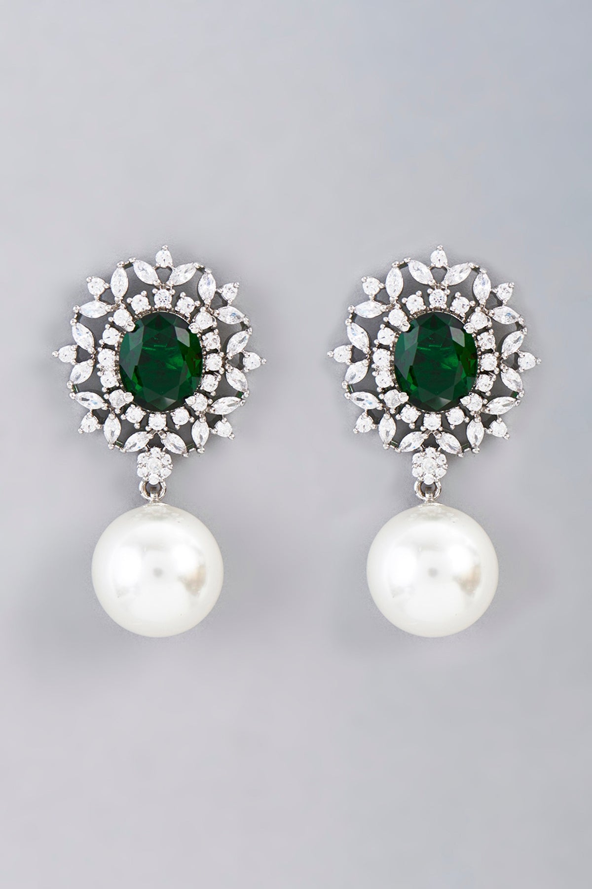 White Finish Green Synthetic Stone Dangler Earrings