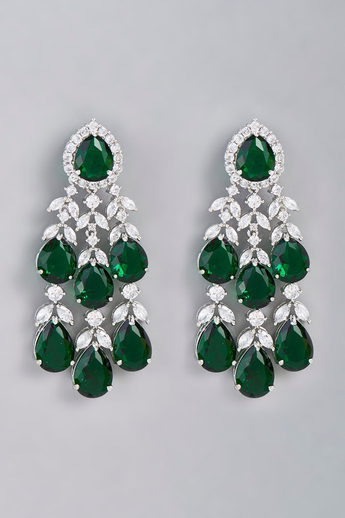 White Finish Green Synthetic Stone Dangler Earrings