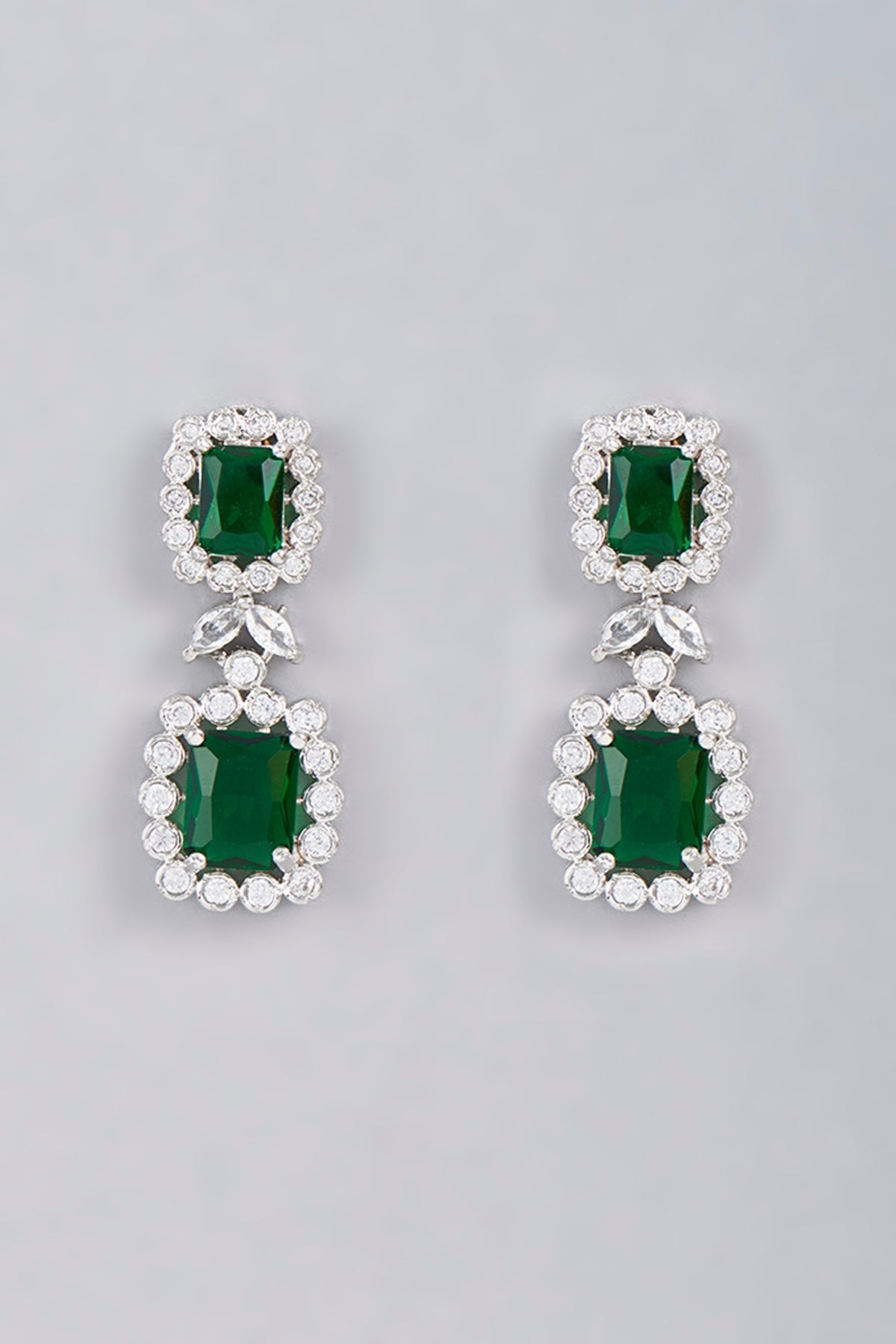 White Finish Green Stone Diamond Long Necklace Set