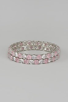 White Finish Zircon & Pink Stone Bangles (Set of 2)