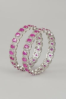 White Finish Zircons & Red Stone Bangles (Set of 2)