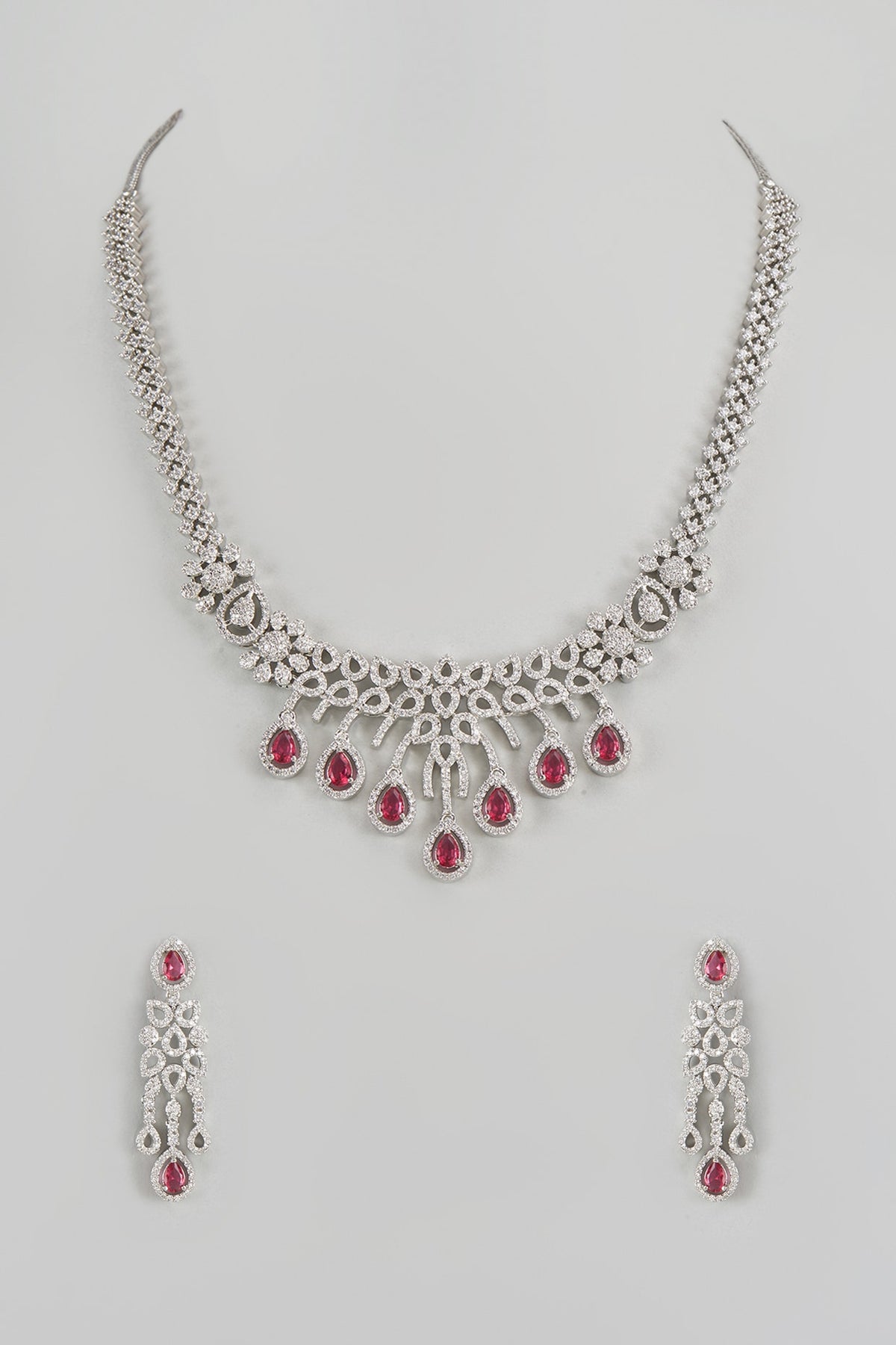 White Finish Zircon & Red Stone Long Necklace Set