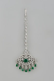 White Finish Zircon & Green Stone Maangtikka