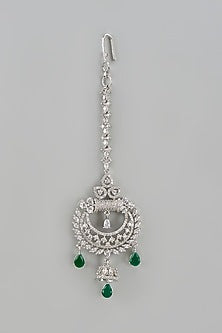 White Finish Zircon & Green Stone Maangtikka