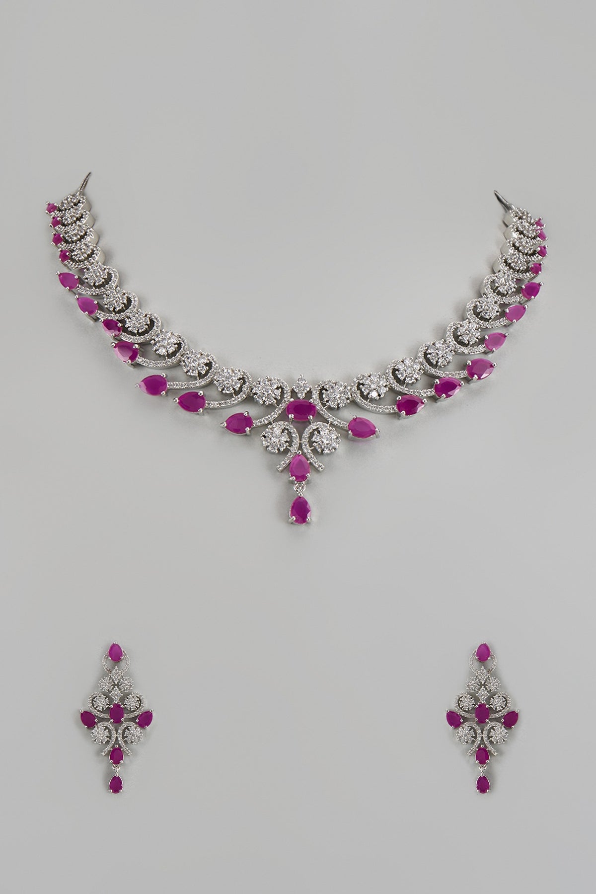 White Finish Zircon & Red Stone Necklace Set